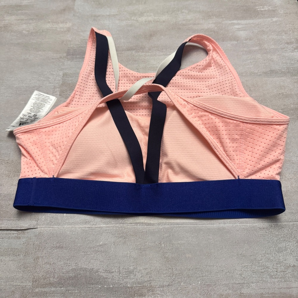 Adidas Size Medium Strappy Sports Bra Peach Navy White‎ Lined Cups Cool Back - Picture 2 of 7